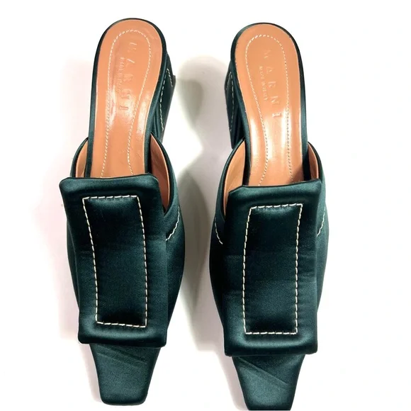 Marni Green Satin Mules Sandals Block Heel Size 38.5 - Picture 3 of 13